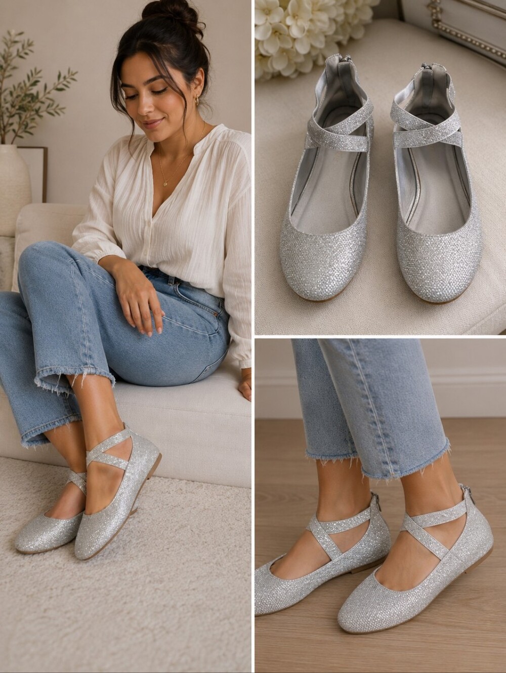 🔵 Sparkly Silver Women Ballet Flats
